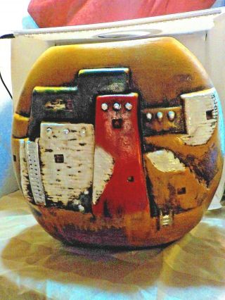 Vtg Folk Art Mexico Planter Pottery Pot Hand Painted Adobe Architecture Large
