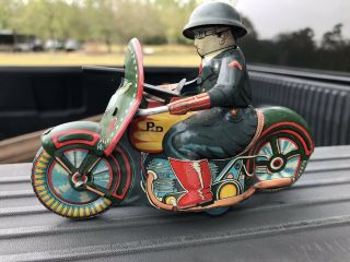 Vintage - Toy Tin Litho Friction Military Police Motorcycle Made In Japan - Sato?