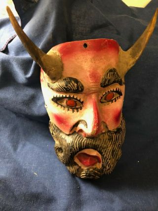 Vintage Native Mexican Wooden Ceremonial Mask Of Devil With Horns