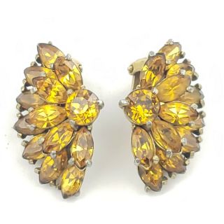 Vintage 1950s Christian Dior By Kramer Signed Amber Rhinestone Clip On Earrings