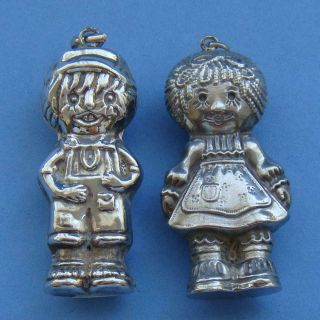 Lovely Vintage Sterling Silver Figural Raggedy Ann & Andy Tree Ornament Pendants