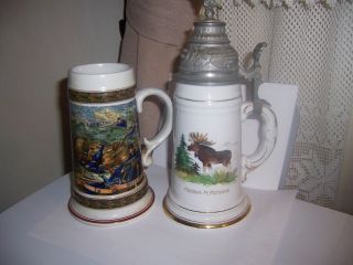 2 Vintage German Porcelain Lithopane Beer Stein,  Pewter Lid,  Hand - Painted Nude