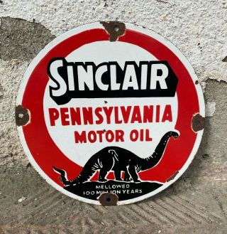 Vintage " Sinclair Pennsylvania " Motor Oil Porcelain Enamel Sign 11 3/4 "