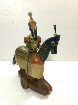 Poland Hand Carved Painted Wooden Pull Toy Horse W/rider Man 9 " H X 8 " L Vintage