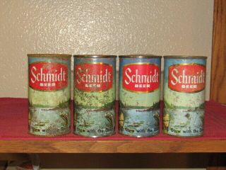 4 Schmidt Flat Top Beer Cans With The Indian Pfeiffer Brewing Co D/b/a Jacob
