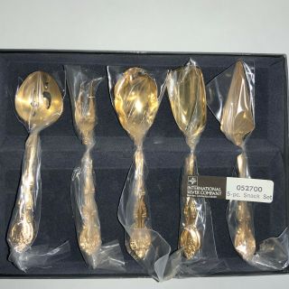 International Silver Gold Plated 5 Piece Snack Set Vintage Cheese Server Fork