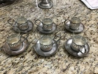6 Vintage Silver Plated Demitasse/coffee Cups & Saucers W/glass Inserts