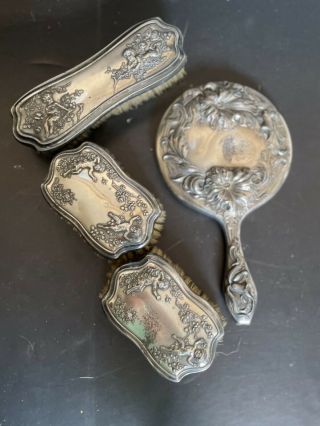 Vintage Sterling Silver Hand Mirror/3 Brushes