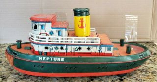 Vintage Metal Tin Toy Boat " Neptune " Battery Operated Pre - Owned &