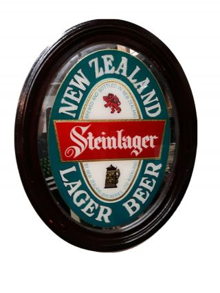 Zealand Steinlager Beer Bar Sign Mirror Wood Frame 14”x 18” Oval