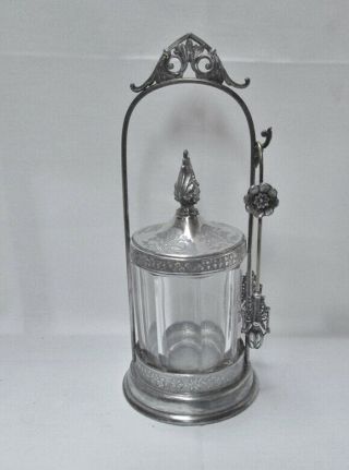 Antique Meriden B.  Co.  Silverplate Pickle Castor With Glass Jar & Tongs