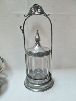 Antique MERIDEN B.  CO.  Silverplate Pickle Castor With Glass Jar & Tongs 2