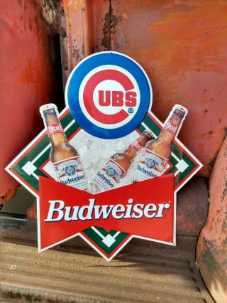 Vintage Chicago Cubs Budweiser Beer Bud Embossed Tin Tacker Metal Sign Baseball