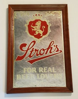 Vintage Strohs Beer For Real Beer Lovers Bar Mirror Wood Framed Sign 21 " X14 "