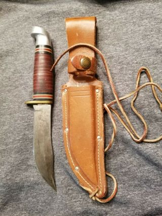 Western Usa 8 3/4 " L66 Leather Wrapped Fixed Blade Hunting Knife & Sheath