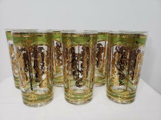 7 Vintage Mid Century Culver Valencia Gold & Green Highball Glasses Signed