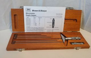 Vintage Brown & Sharpe 0 " To 6 " Depth Micrometer With Instructions And Wood Case