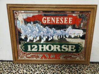Unique Vintage Genesee Beer 12 Horse Ale Bar Mirror Sign Man Cave Glass Rare