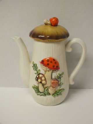Vintage 1970s Sears Roebuck & Co Merry Mushroom Ceramic Coffee Tea Pot W/ Lid