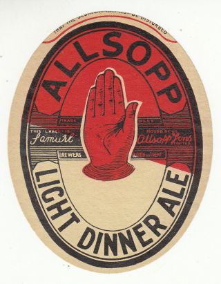 English Beer Label.  Allsopp,  Burton Light Dinner Ale