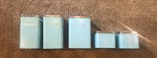 Vintage Lincoln Beautyware Turquoise Kitchen 5 Canister Set - Chrome Lids