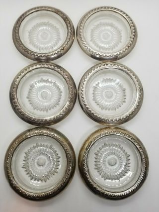 Set Of 6 Vintage Sterling Silver Rim Coasters Starburst Cut Glass 4 " Art Deco
