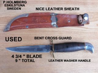 Vintage P.  Holmberg Eskilstuna Fixed Blade Hunting Knife Sweden W/leather Sheath
