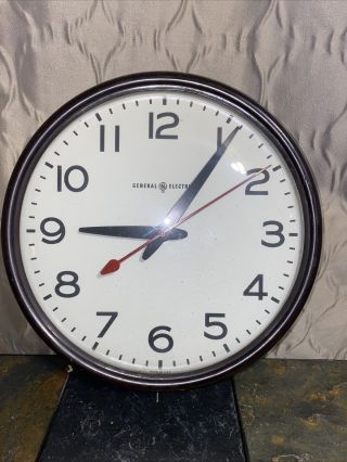 Vtg General Electric Industrial/ School Wall Clock Glass Face Brown