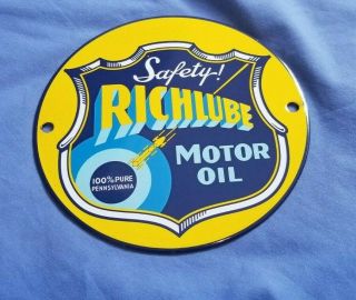 Vintage Richfield Richlube Gasoline Porcelain Gas Oil 6 " Pump Service Sign