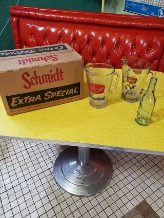 1970s Vintage Schmidt Extra Special Beer Bottle Case.  2 Pitchers 1 Bottle