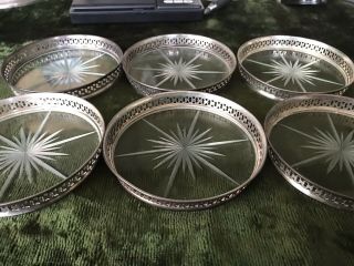 Set 6 30s Art Deco Sterling Silver / Glass Etched Drink Coasters