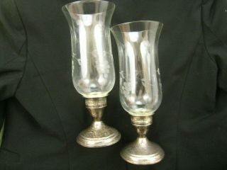 Pair Duchin Weighted Sterling Silver & Etch Glass Hurricane Shade Candle Holders