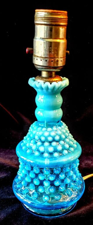 Vintage Fenton Blue Opalescent Hobnail Table Lamp 9 1/2 " Tall