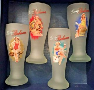 Set Of 4 Tommy Bahama Frosted Lady Luck Pin Up Girls Pilsner Beer Glasses