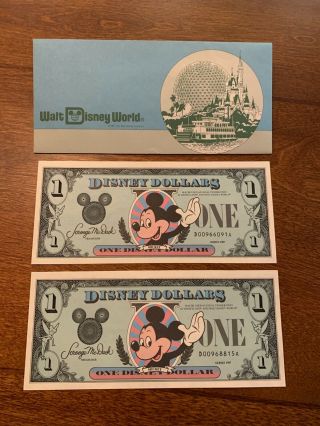 Walt Disney World Disney Dollars $1 Bills 1987 Set Of 2