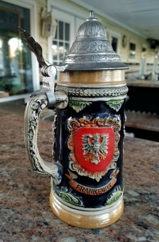 Vintage Western German Lidded Beer Stein Mug Heidelberg,  Frankfurt,  Wiesbaden