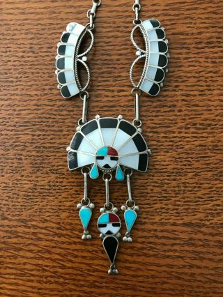 Vintage Zuni Sterling Silver Sun Chief Multi Stone Inlay Pendant Necklace
