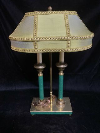Vintage Brass Bouillotte Table Lamp 2 Candle Stick With Silk Sage Green Shade