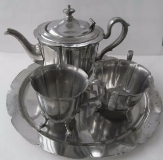 Vintage 1920s - 30s Pewter Tea Set 4 - Pc Knickerbocker Ksco Art Deco Shell - Footed