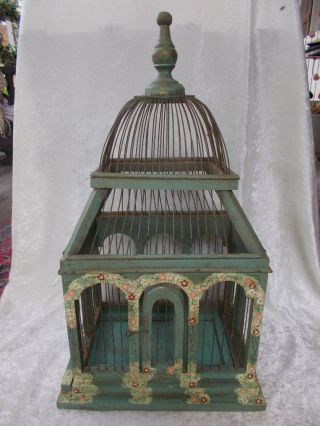 Vintage Hand Painted Floral Tole Wood Bird Cage Aqua Greens Pinks 22 " Tall