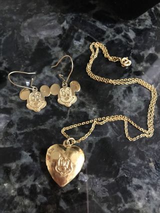Vintage Disney Gold Tone Mickey Mouse Locket Pendant With Matching Ss Earrings