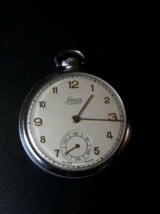 Vintage Pocket Watch Lanco,  Nickel Chrome,  15 Jewels,  Swiss Made
