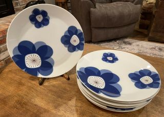 Set Of 8 Vintage Mid Century Modern Indigo Moon Dinner Plates Blue Flowers