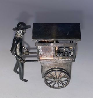 . 925 Sterling Silver Miniature Man Pushing Food Cart Doll House Sized 2”