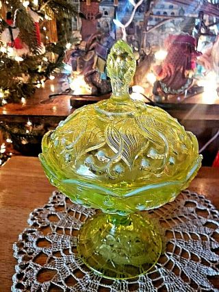 Fenton Topaz Vaseline Opalescent Lily Of The Valley Covered Candy Dish Vintage