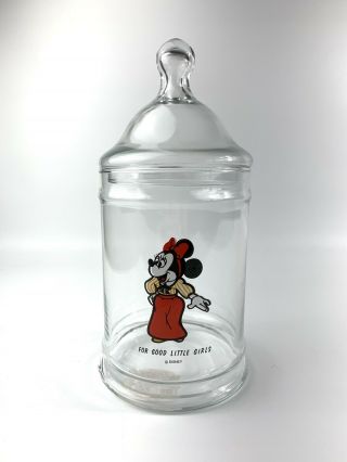 Vtg Walt Disney Minnie Mouse For Good Little Girls 9 " Apothecary Glass Candy Jar