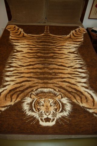 Vintage Biederlack West Germany Acrylic & Cotton Pile Blanket W/tiger Rug Design