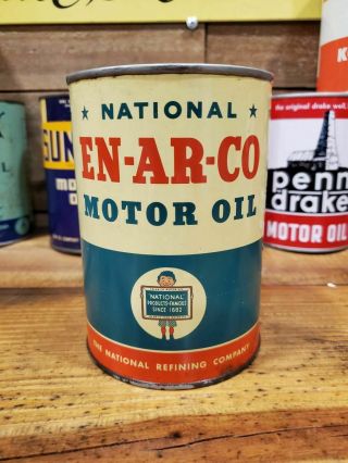 Vintage National En - Ar - Co Motor Oil Can Metal Quart Full 1 Qt