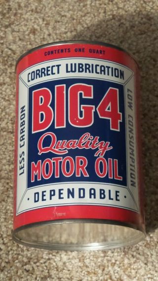 Vintage One Quart Big - 4 Quality Motor Oil Can Metal Gas Sign Full Nos