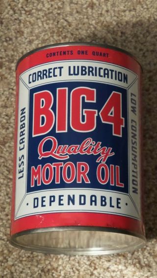 Vintage One Quart Big - 4 Quality Motor Oil Can Metal Gas Sign FULL NOS 3